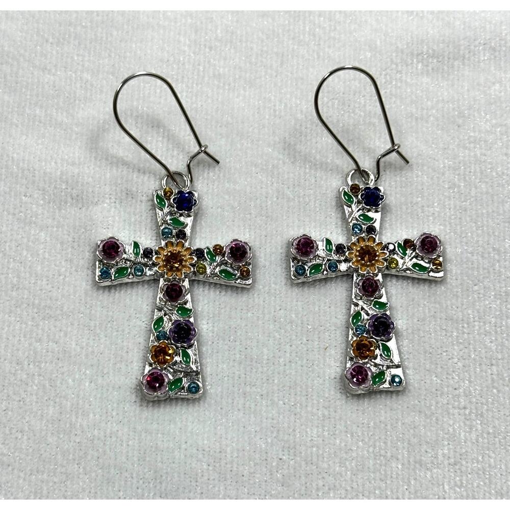 Silver Floral Cross Dangle Earrings Colorful Rhinestones Christian 2.25" E276